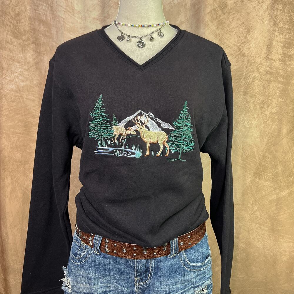 Animal Embroidered Sweater Woodland Deer Mountain Graphic Vintage 90s Cabincore